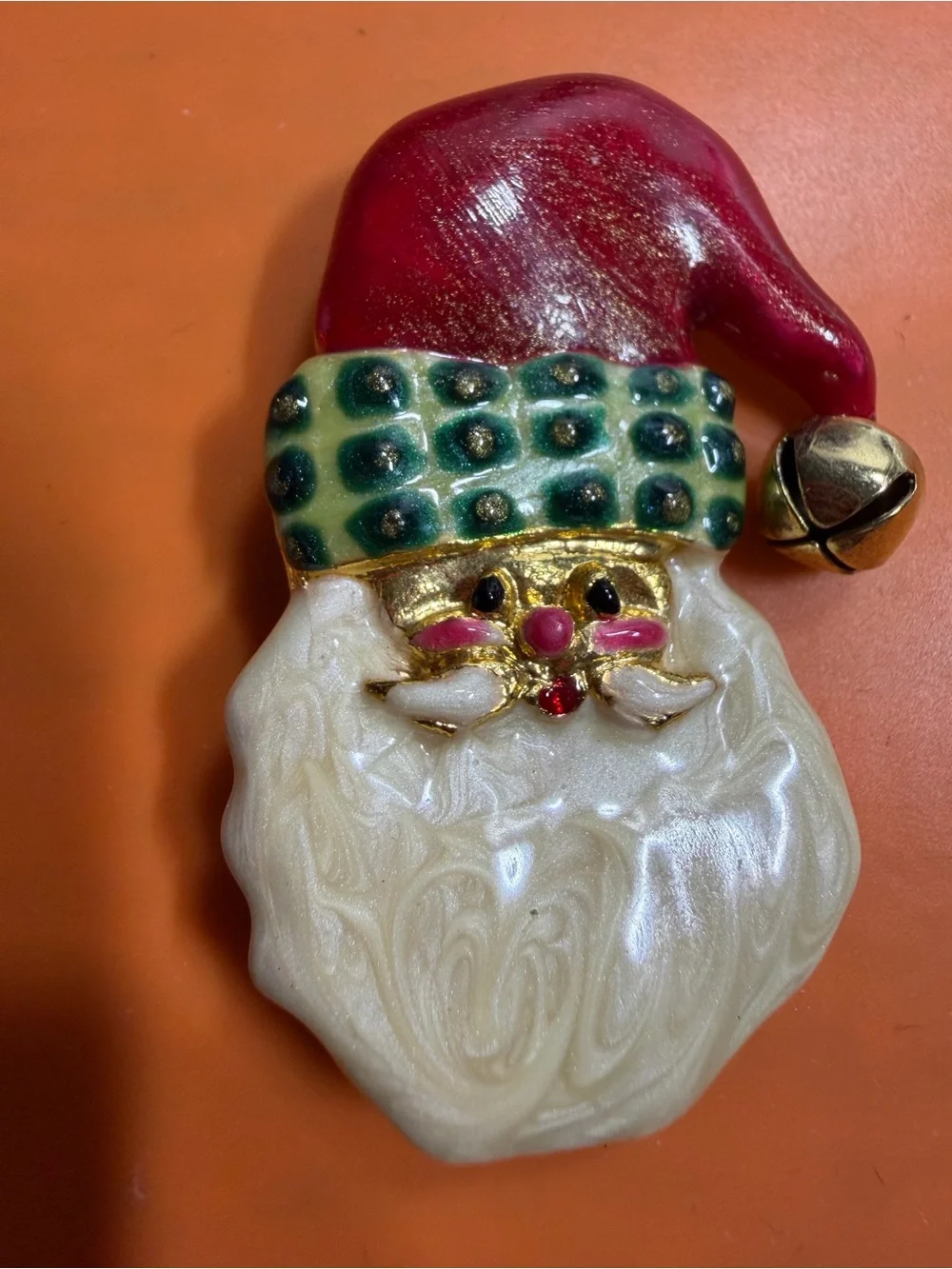 Holiday Santa Face Pin with Red Hat and Green Trim